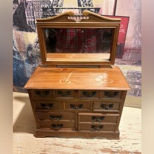 1970’s vintage  wooden mirrored jewelry box chest of drawers musical